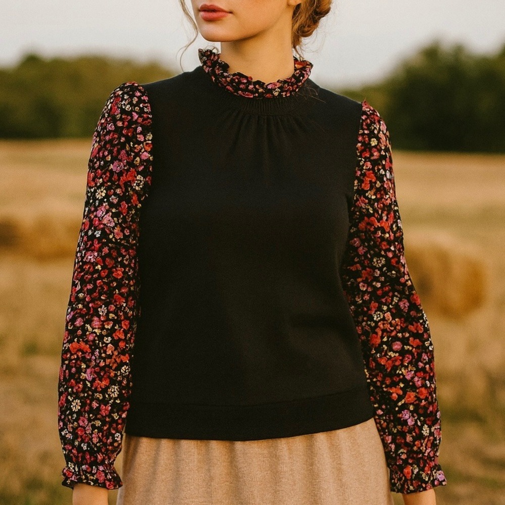 Who What Wear Cottagecore Mixed Media Ruffle Neck‎ Floral Puff Sleeve Top Size M